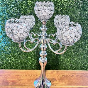 5 BRANCH SILVER HEART CRYSTAL CENTERPIECE